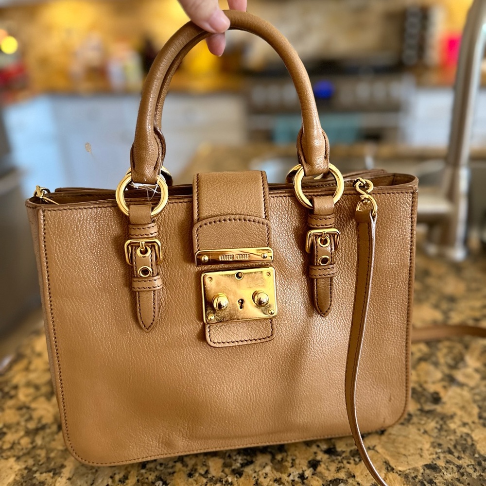 Miu Miu Madras in Naturale - goatskin shoulder crossbody purse 2way with cc